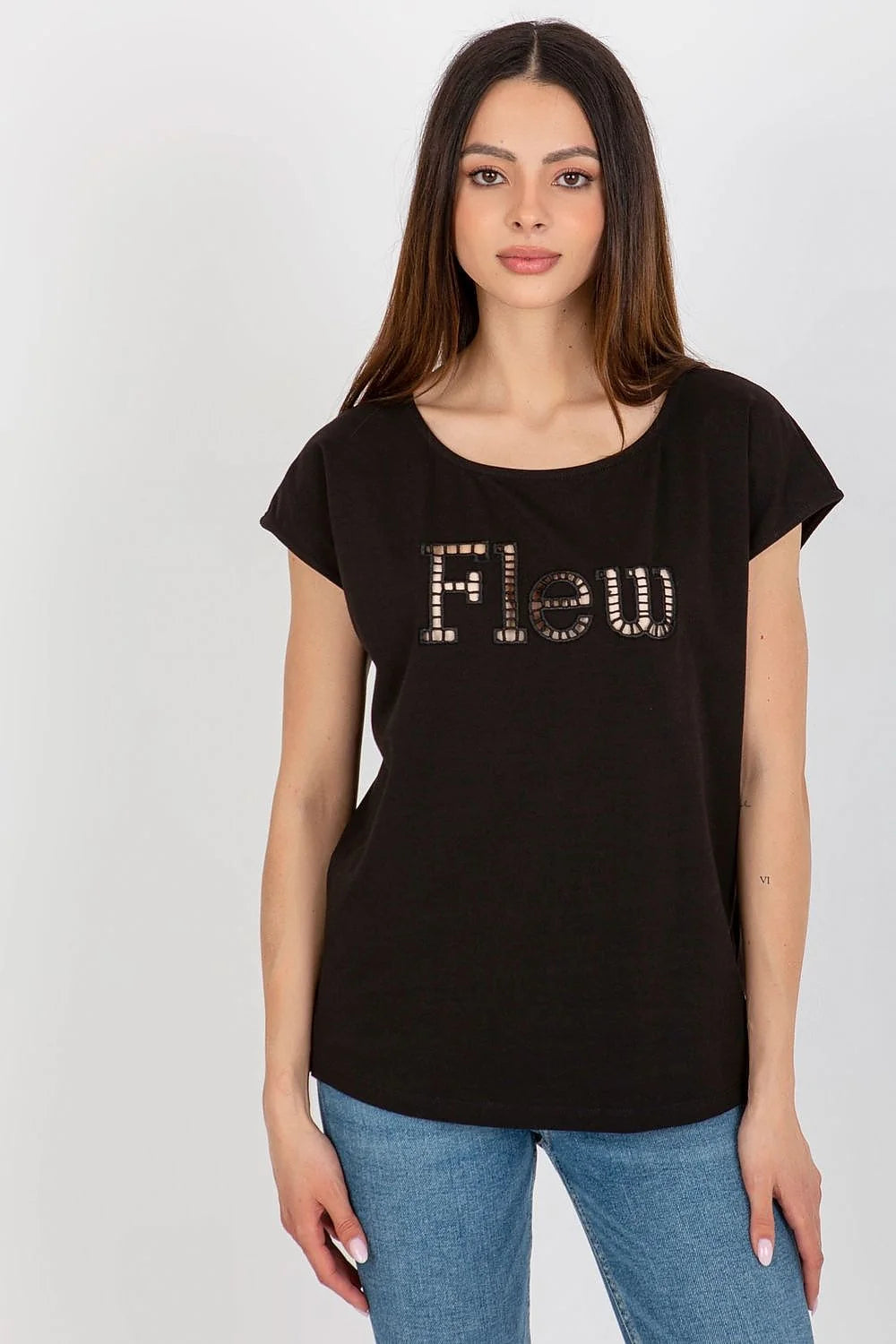 tshirt femme décontracté manches courtes col rond coton élasthanne noir broderie appliqué sequins miroirs mosaïque ajustée confortable chic