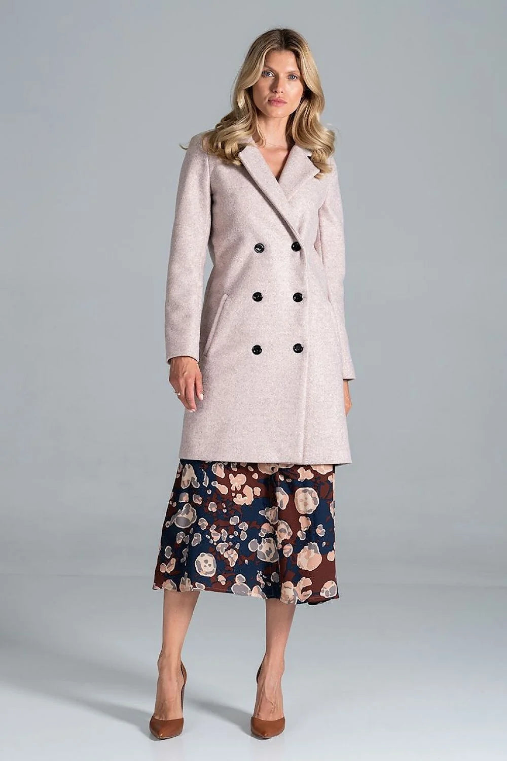 Manteau femme laine élégant croisé boutons double rangée poches automne-hiver rose pâle ajustable
