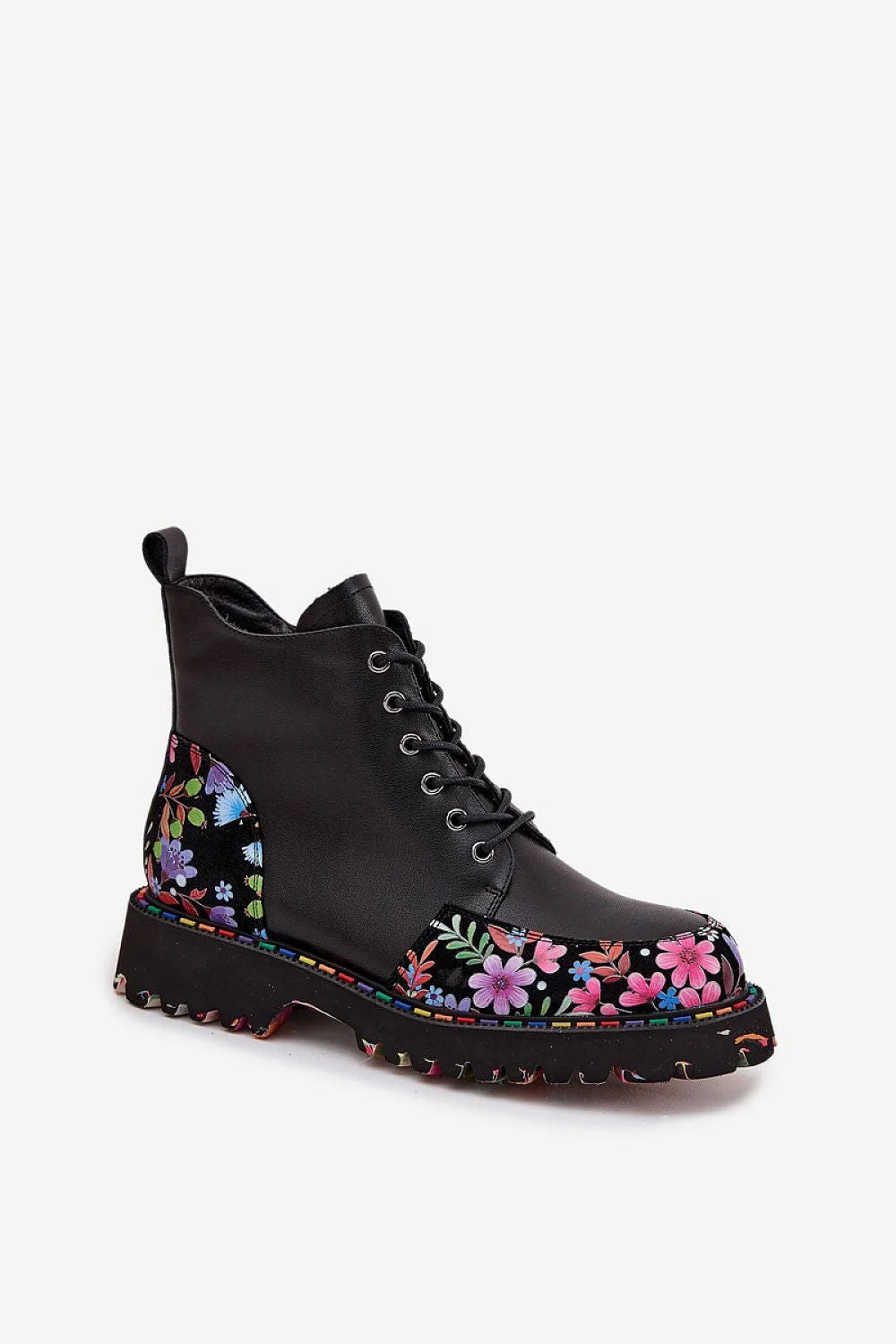 bottines femme cuir naturel noir motif floral multicolore lacets zip plateforme crantée talon bas confortables isolantes durables bohème chic urbain