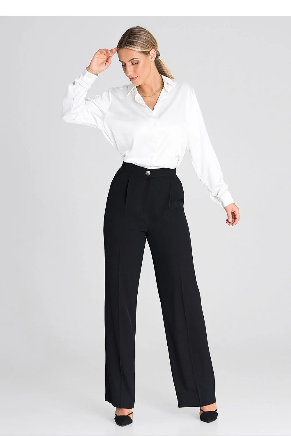 Ensemble femme chemise blouse blanche pantalon Figl noir tissu coton laine occasion formelle taille haute coupe droite style élégant