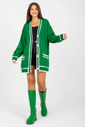 Cardigan long oversize femme couleur verte contrastes blancs manches longues boutons blancs poches latérales