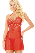 Nuisette sexy rouge dentelle maille transparente ajustée décolleté V bretelles fines ornement bijou taille ajustable femme