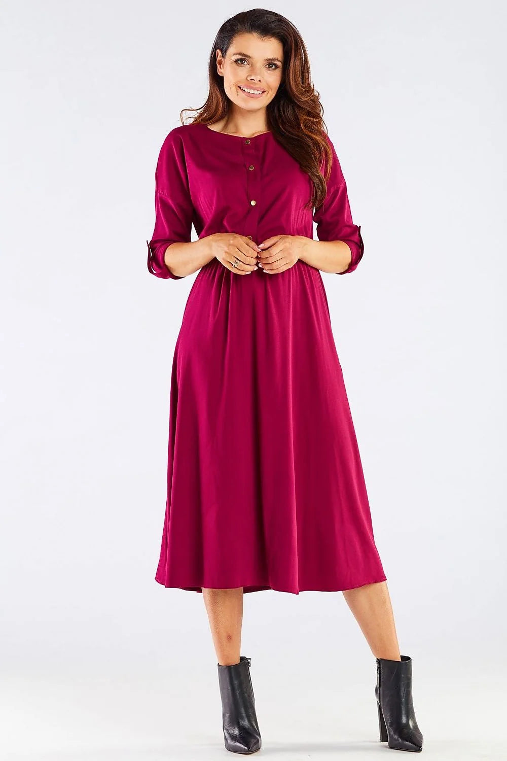 Robe de jour élégante awama pour femme, robe midi manches kimono longues, couleur bordeaux, taille ajustable, matériau léger, pour travail et sortie