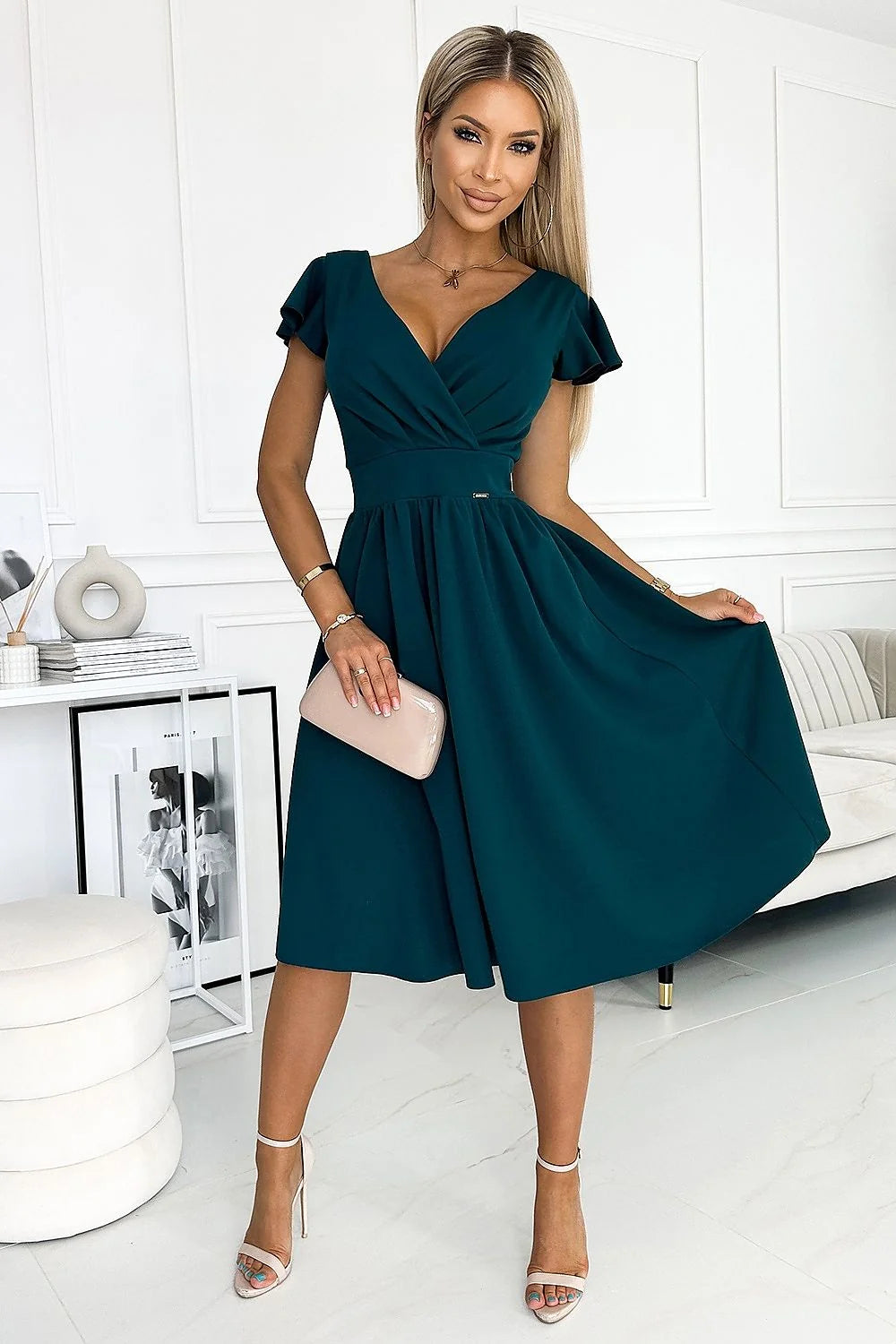 Robe de soirée élégante en vert émeraude manches courtes encolure V croisée taille ajustable femme Numoco