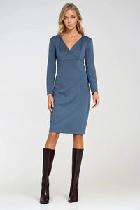 robe ajustée fourreau midi manches longues décolleté croisé V maille stretch bleu ardoise lignes princesse minimaliste chic maintien confort