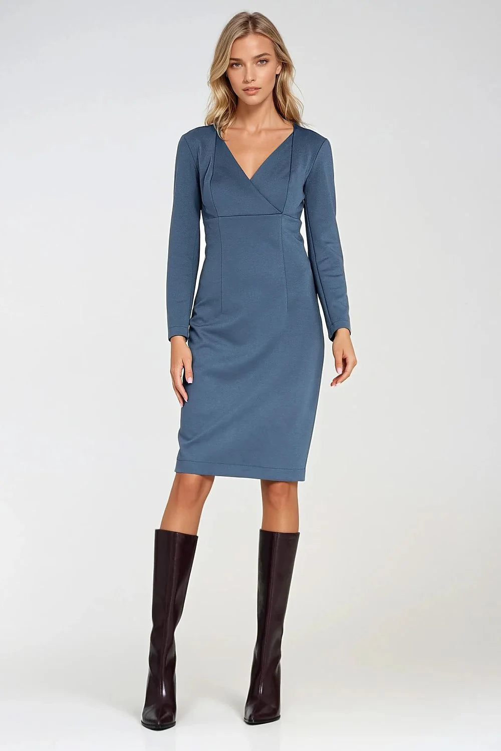 robe ajustée fourreau midi manches longues décolleté croisé V maille stretch bleu ardoise lignes princesse minimaliste chic maintien confort