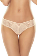 Strings de dentelle élégants en beige clair, coupe bikini, ceinture basse, détails bijoux dorés, doublure en coton, confort tout le jour, emballage élégant, lingerie féminine haut de gamme