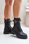 Bottes noires mi-mollet cuir synthétique style militaire robustes lacets boucle tendance femme urbaine