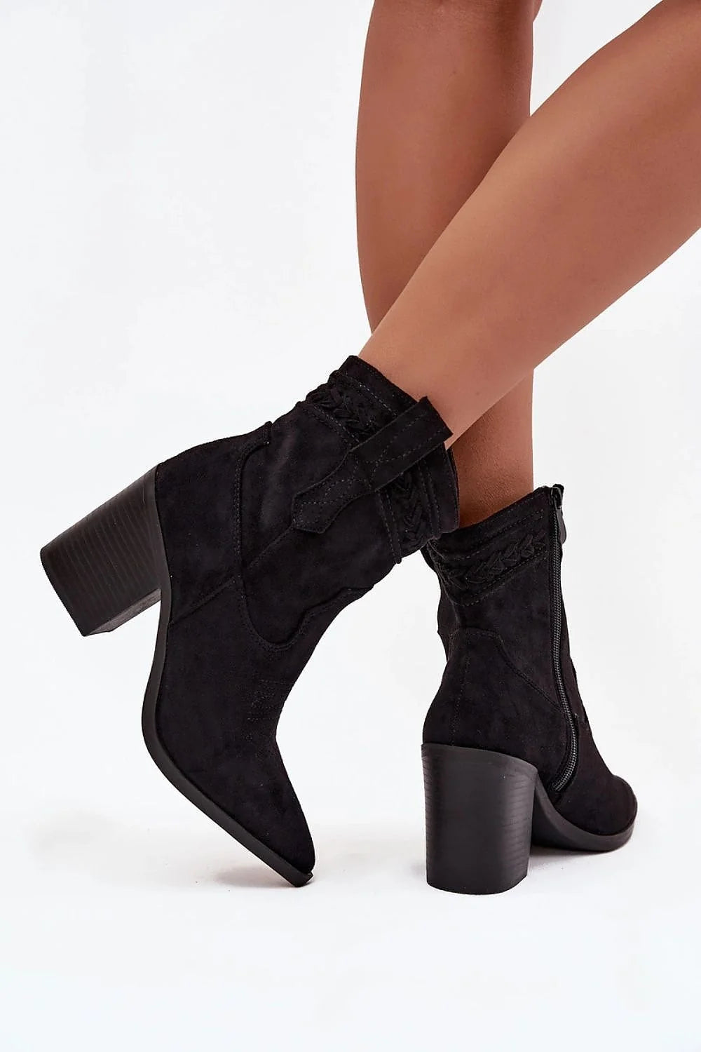 bottines femme western cowboy suédine écologique noir bout pointu talon massif 9cm fermeture zippée tressage surpiqûres semelle confort automne