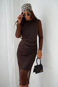 robe soirée tulle marron chocolat midi fourreau cocktail drapée manches longues transparentes jupe mi mollet froncées extensible chic élégante confortable