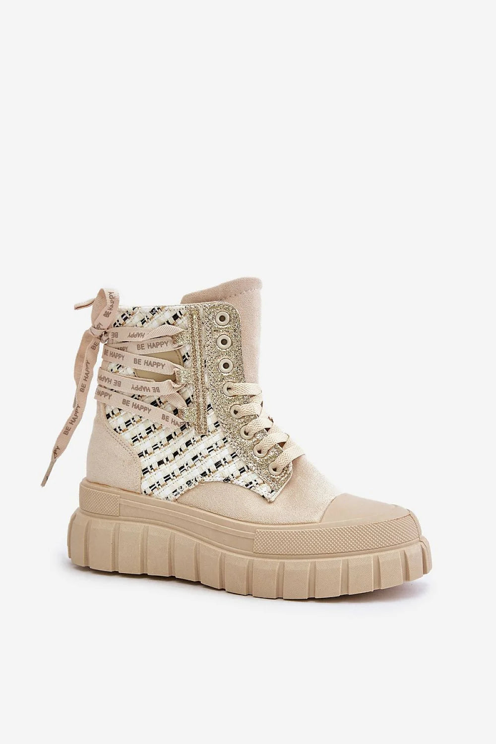 bottines montantes femme beige ecosuede textile multicolore tressé semelle plateforme crantée 5cm lacets gravés behappy zip latéral œillets métal