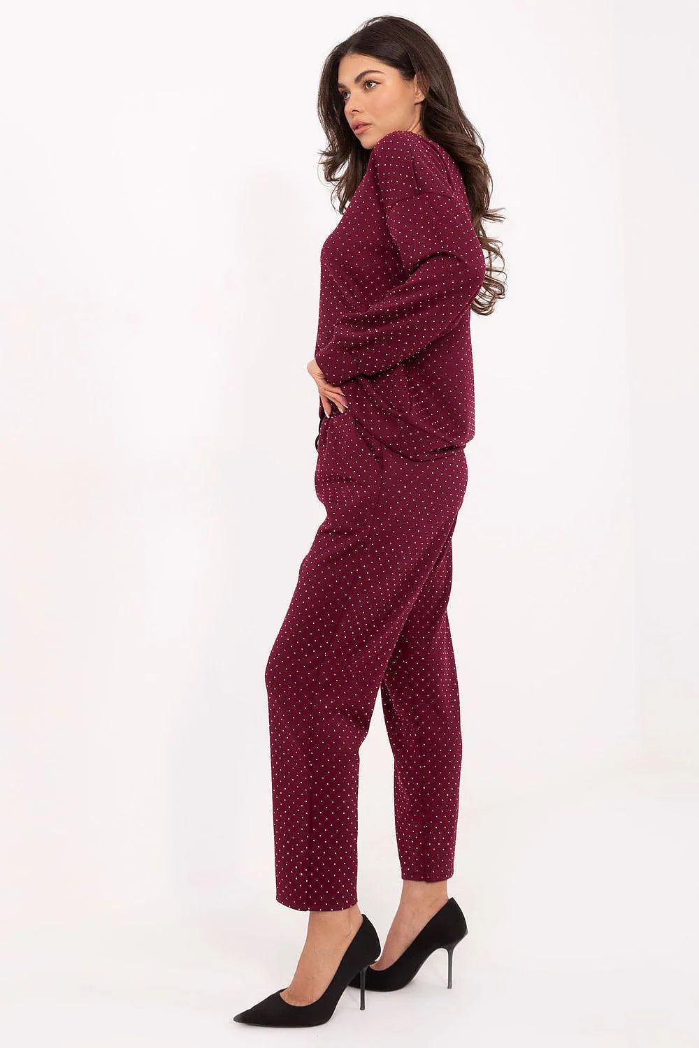 ensemble survêtement femme bordeaux pois blancs sweatshirt oversize pantalon droit taille haute ceinture nouer strass viscose polyester stretch maille douce