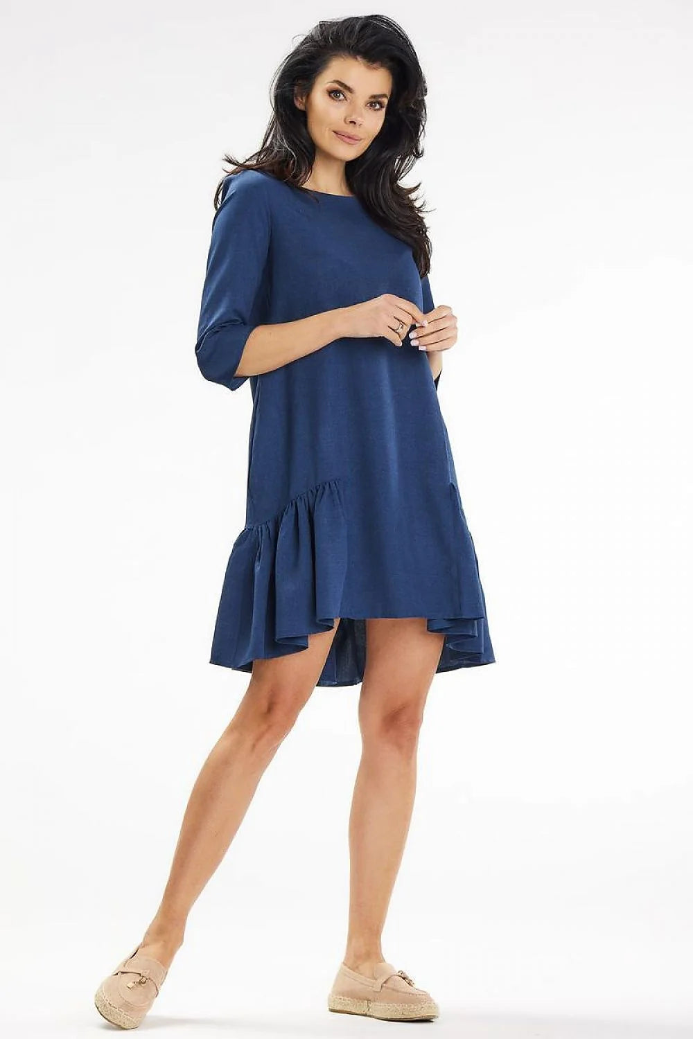 Robe de jour trapeze ample mini manches 3/4 volants ourlet asymétrique bleu profond mélange polyester femme été versatile