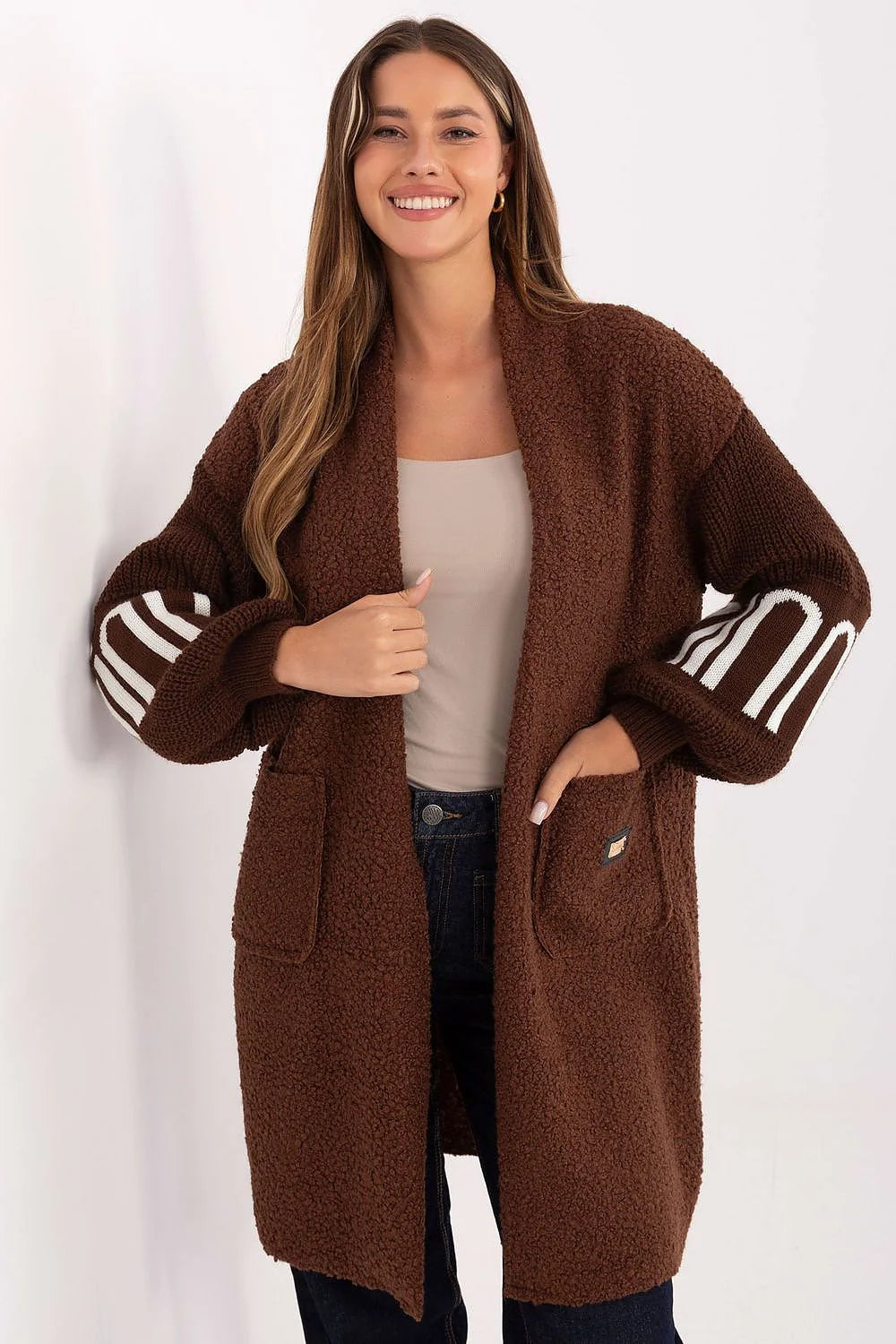 cardigan coatigan long femme oversize chocolat bouclette sherpa douce manches ballon côtelées poches plaquées brodée ouverte chaude automne décontractée