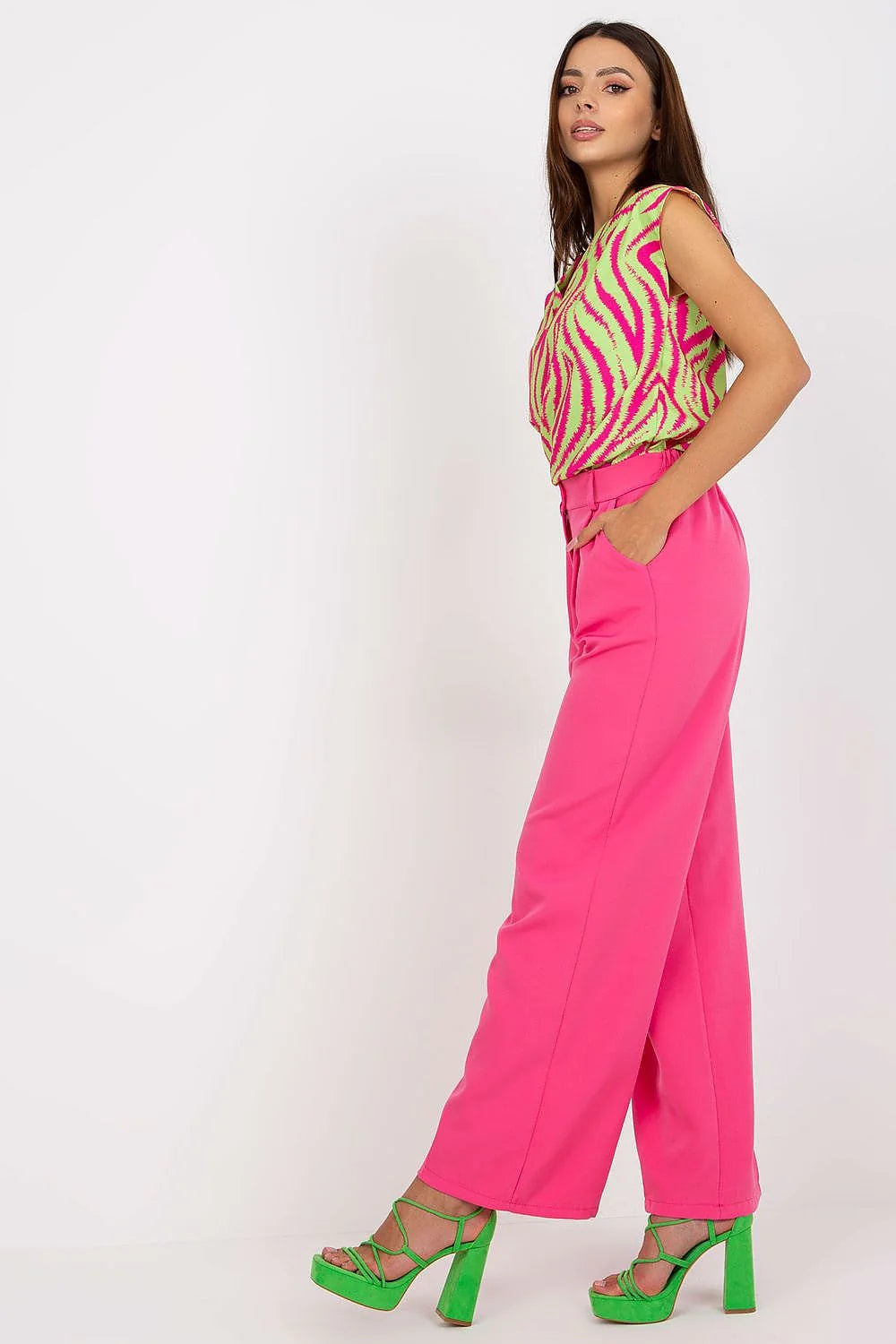 Pantalon femme Italy Moda avec chemisier imprimé floral, blanc, taille haute, élasthanne, polyester, occasion estivale, style chic, coupe évasée