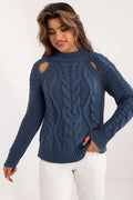 Pull pour femme Chandail Badu maille tricotée épaisse torsade classique col montant côtelé épaules découpées manches longues finitions côtelées bleu foncé