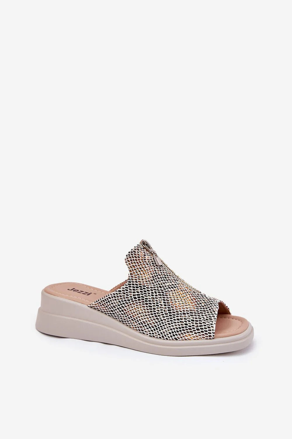 Sandales pour femmes design moderne ouvertes talon compensé motif serpent cuir artificiel beige doré summer shoes