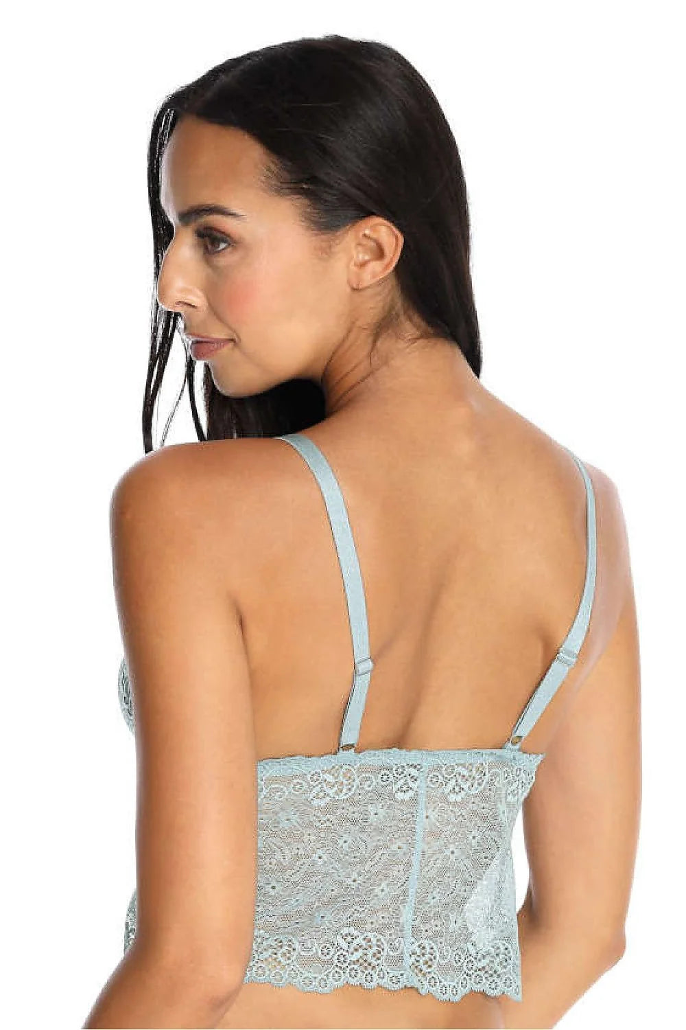 bralette dentelle romantique bleu pastel longue décolleté plongeant bretelles fines réglables sans armature sans rembourrage doublure douce