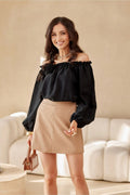 Jupe courte Roco Fashion off-the-shoulder mini skirt black and beige two-piece outfit elegant modern women fashion event casual outings