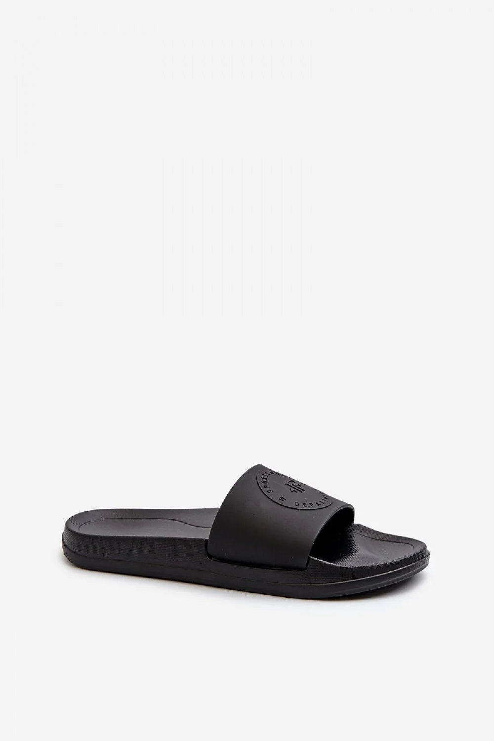 claquettes femmes noires slides bride large embossée logo rond semelle épaisse ergonomique moulée amorti confort EVA antidérapante minimaliste sportive