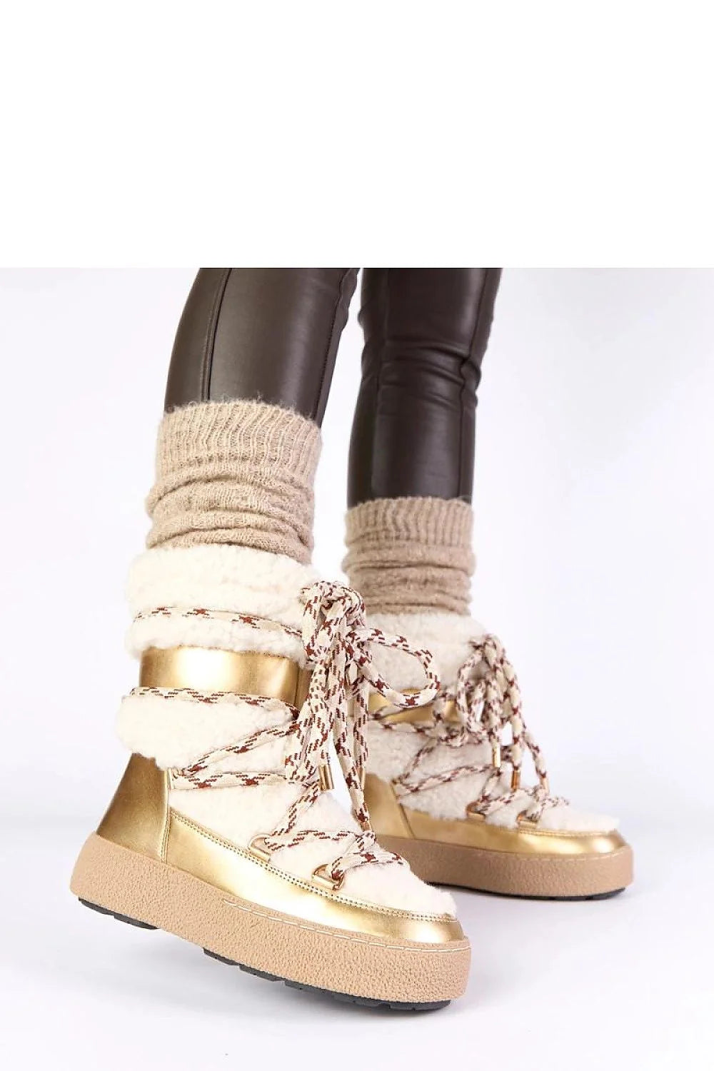 bottes neige fourrure fausse lacées cuir écologique douces cosy aprèsski tige19cm plateforme4cm semelle antidérapante caoutchouc rembourrées dorées