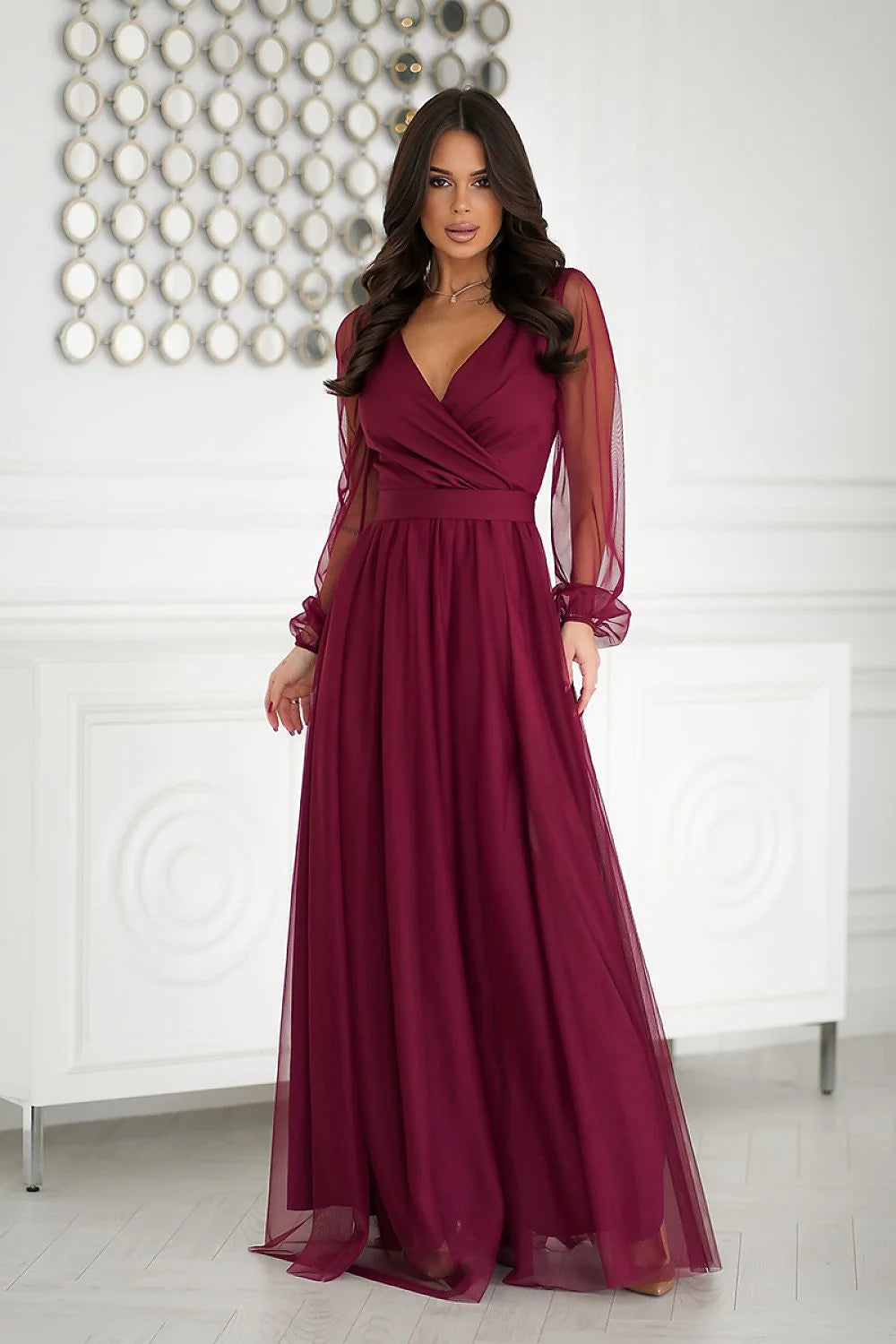 Robe longue élégante pour femme en mousseline tunique cache-cœur manches longues transparentes ceinture intégrée fente haute couleur bordeaux