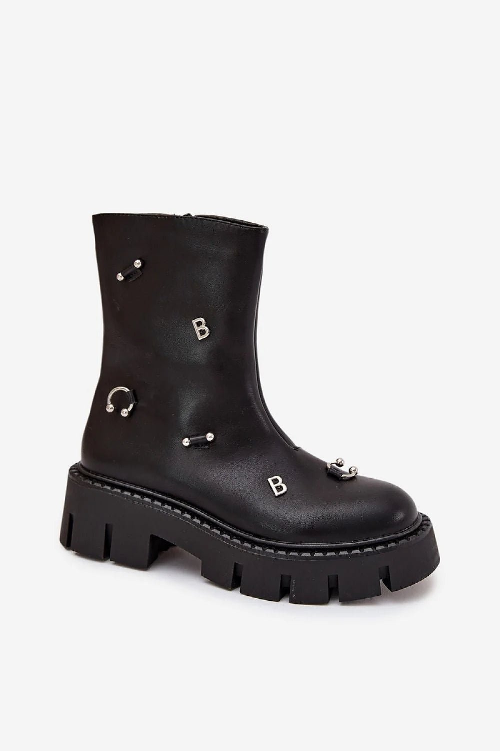 bottines femme mi mollet cuir écologique plateforme talon plat semelle crantée bout rond fermeture éclair doublure polaire ornements métalliques argentés