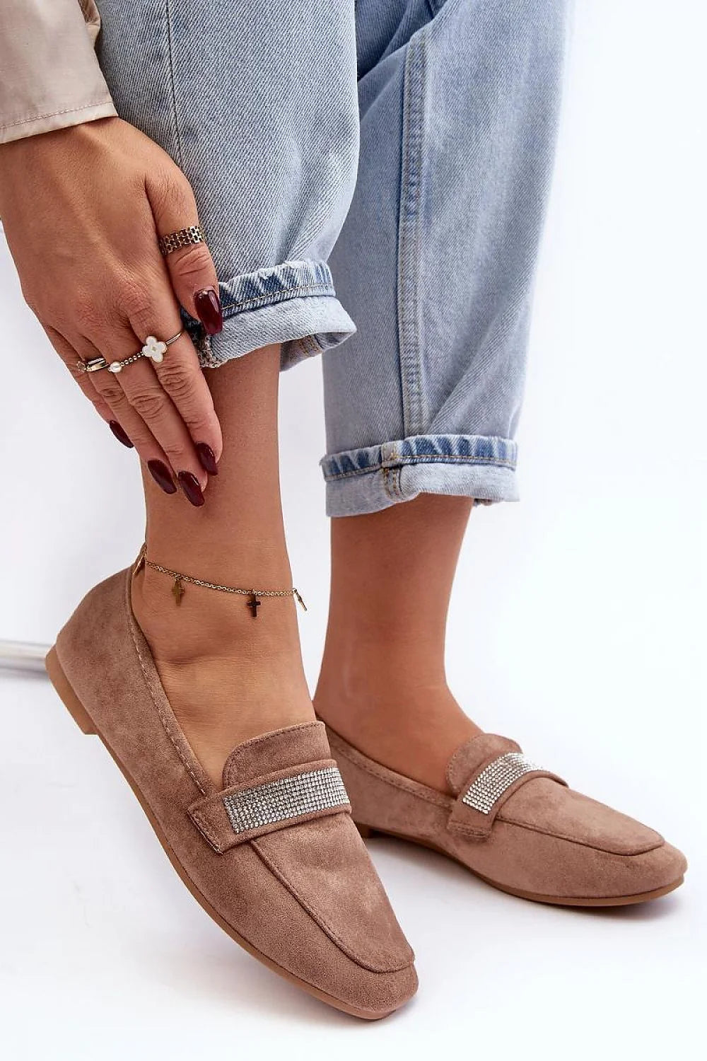 Mocassins élégants pour femme en daim écologique, style classique moderne, zircons scintillants, confort tout au long de la journée