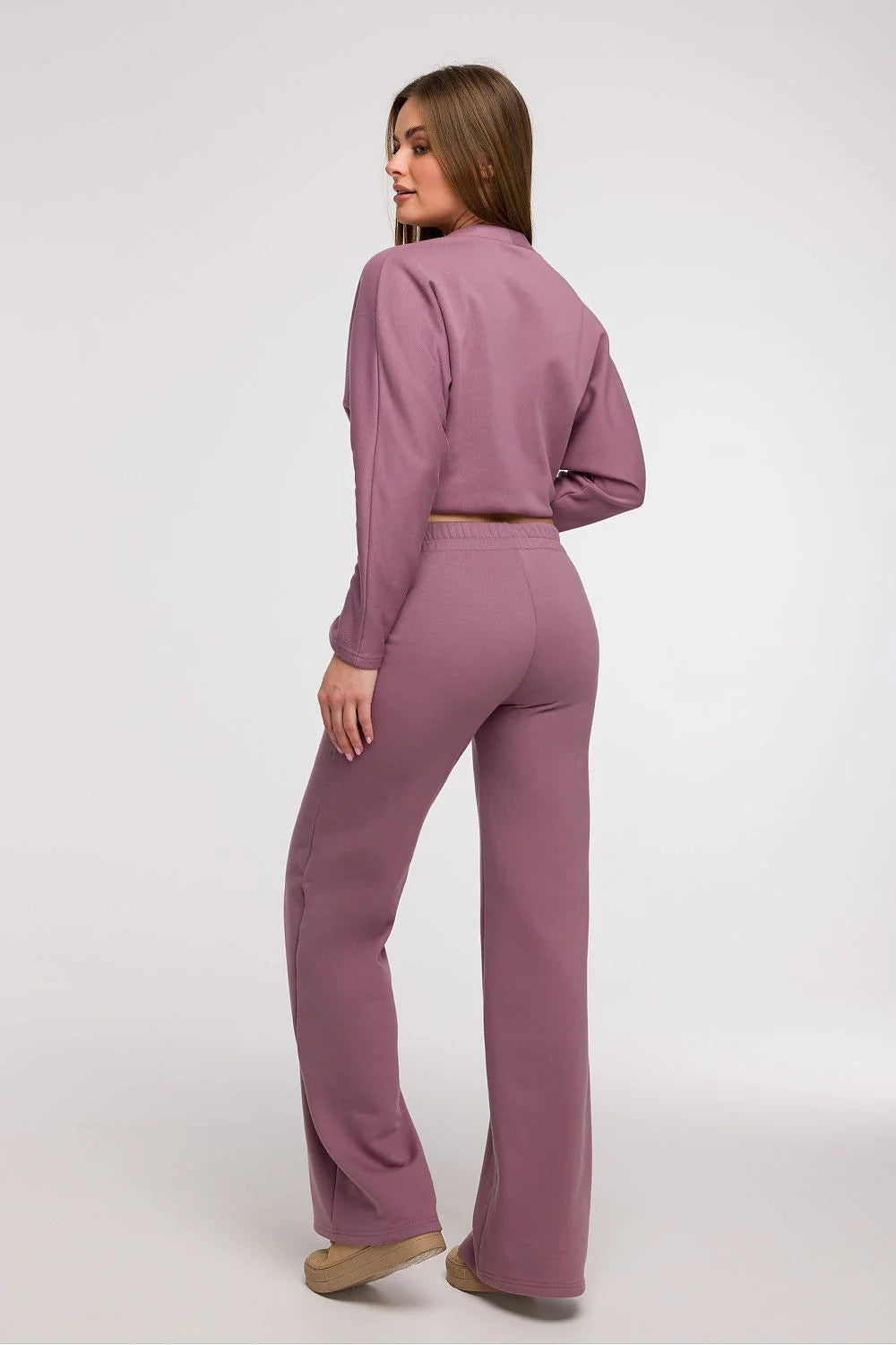Ensemble coordonné pour femmes haut cache-cœur manches longues pantalon large taille haute couleur mauve tendre