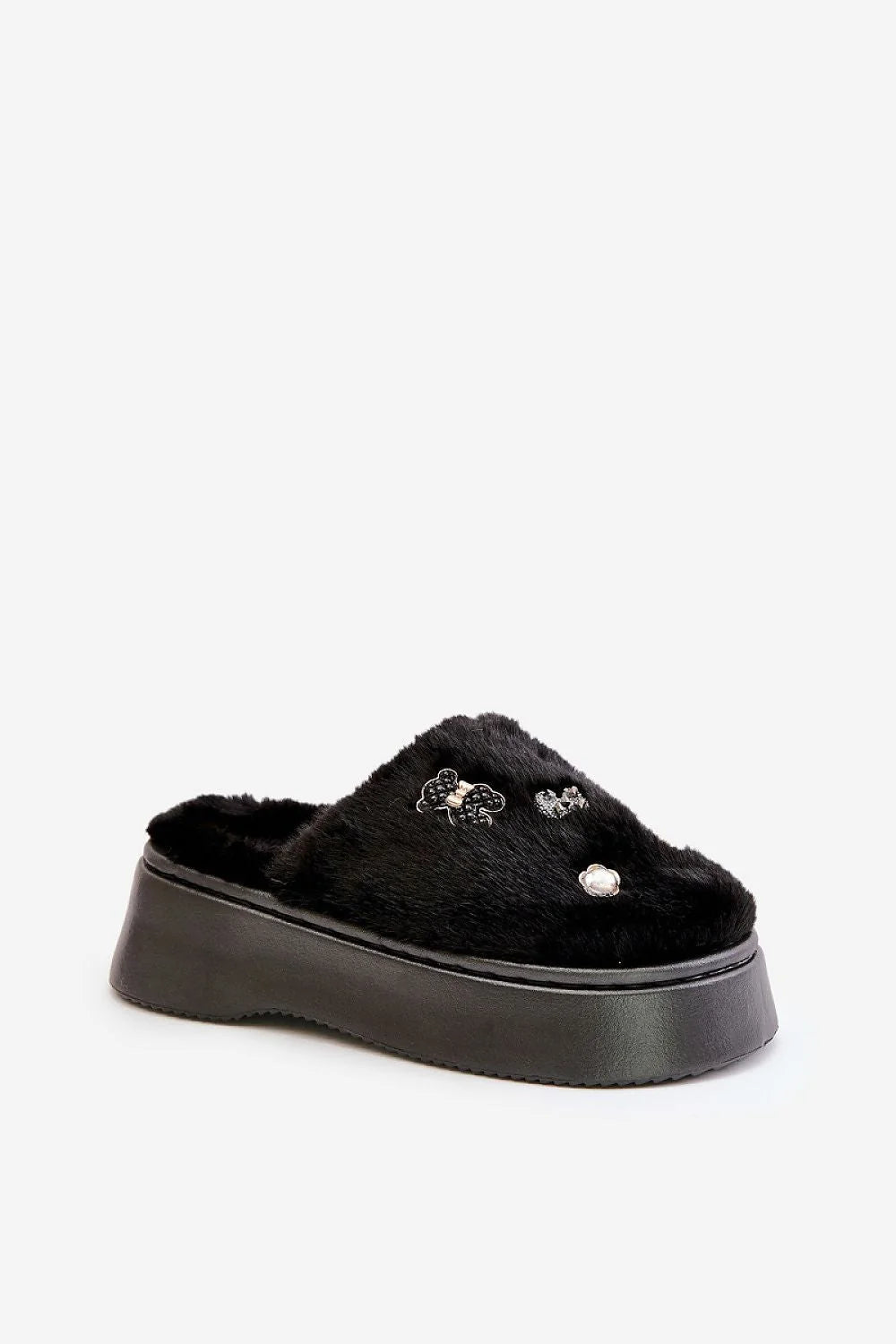 Pantoufles en fourrure pour femmes style élégant semelle épaisse détails métalliques noires confortables intérieurextérieur
