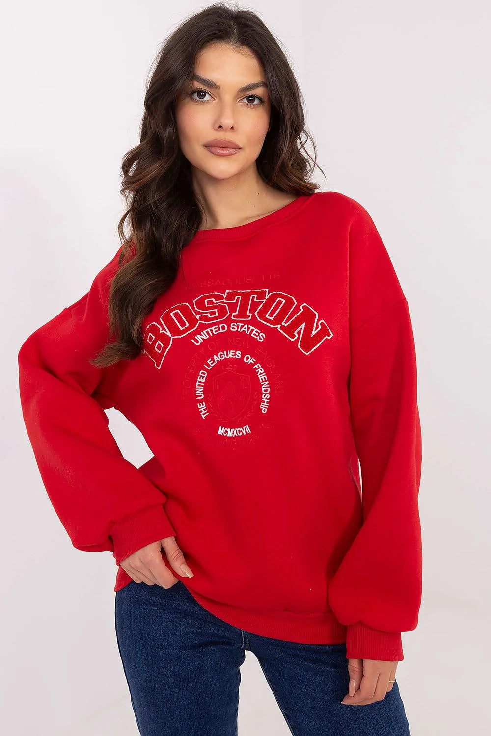 Sweatshirt femme style urbain couleur rouge vif graphique Boston manches longues en coton polyester