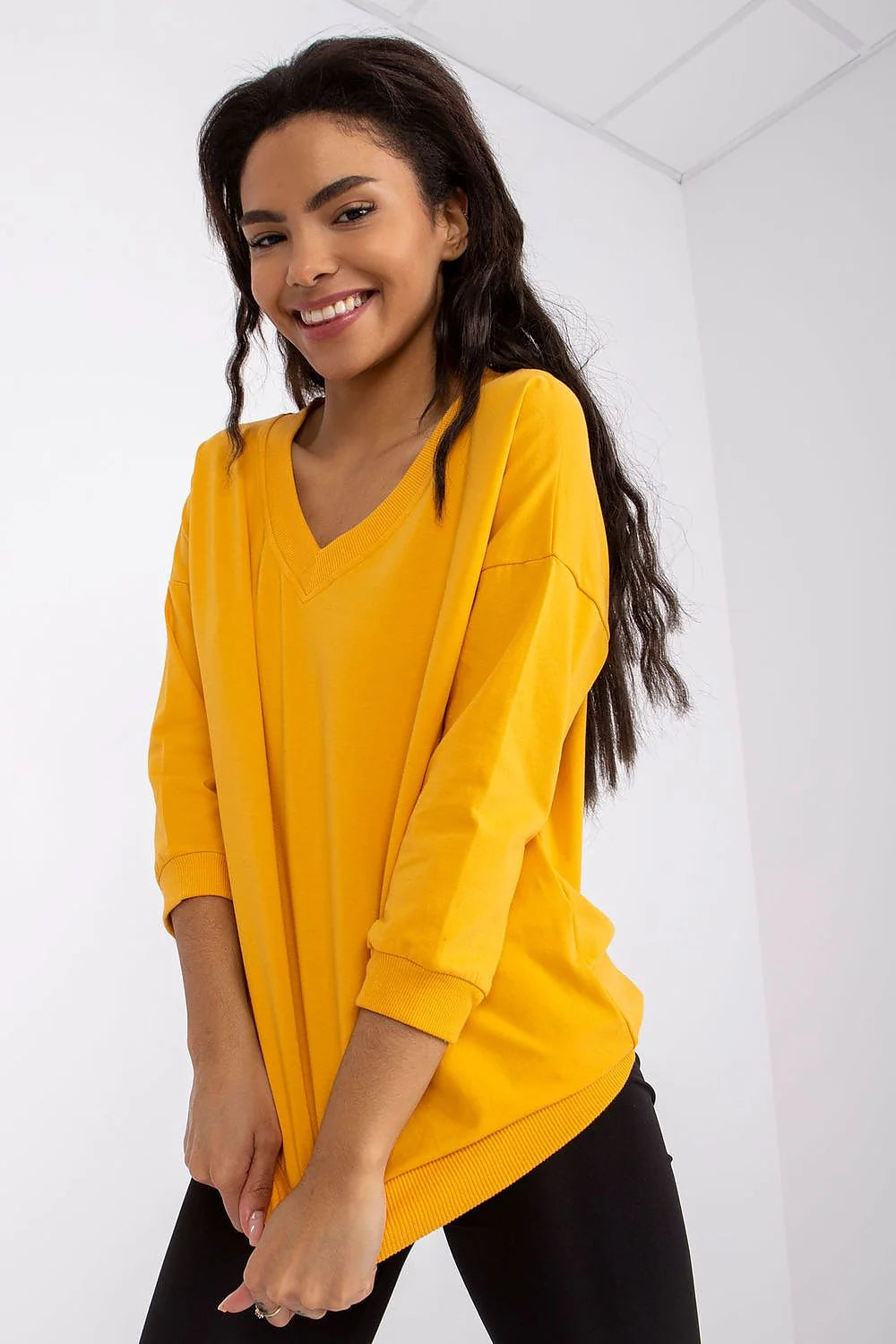 Chemisier femme style moderne manches longues col V coton elastane jaune vif taille ajustableemode été