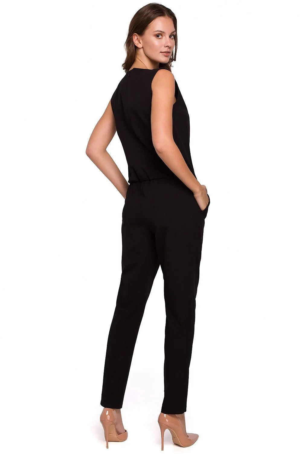 Combinaison élégante sans manches polyester moderne chic noir ajustée confortable avec poches pour femme