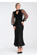 Robe de soirée élégante longue manches longues en tulle noir pois slim fit femme