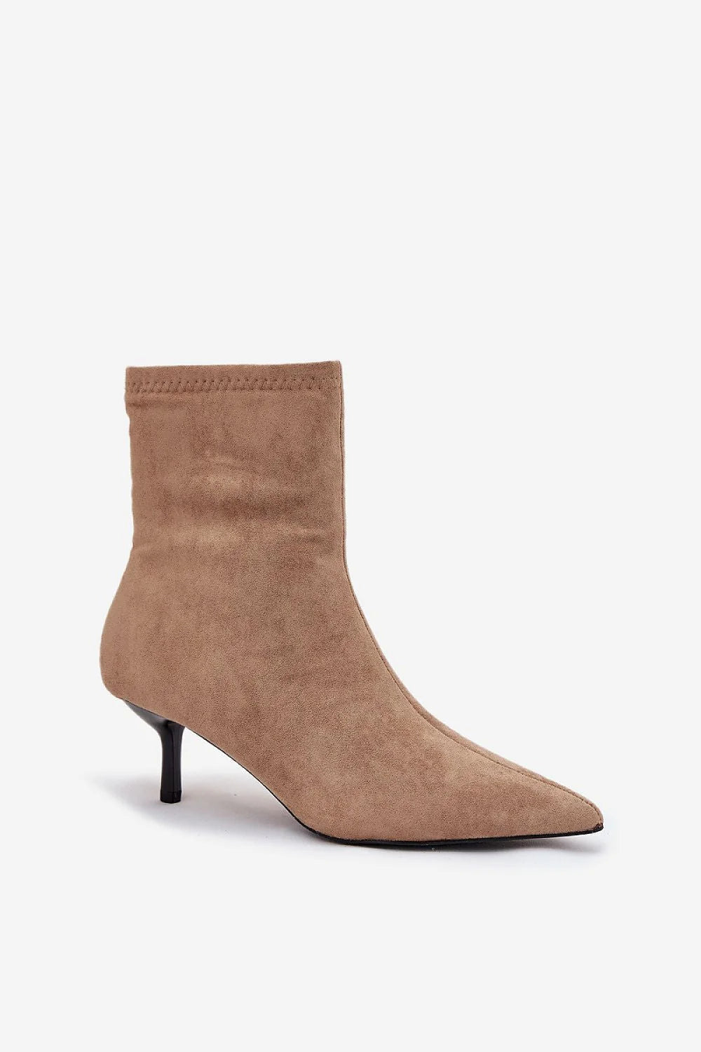 bottines femme cheville suédine écologique taupe bout pointu silhouette effilée talon bas fin fermeture éclair latérale tige stretch froncée semelle