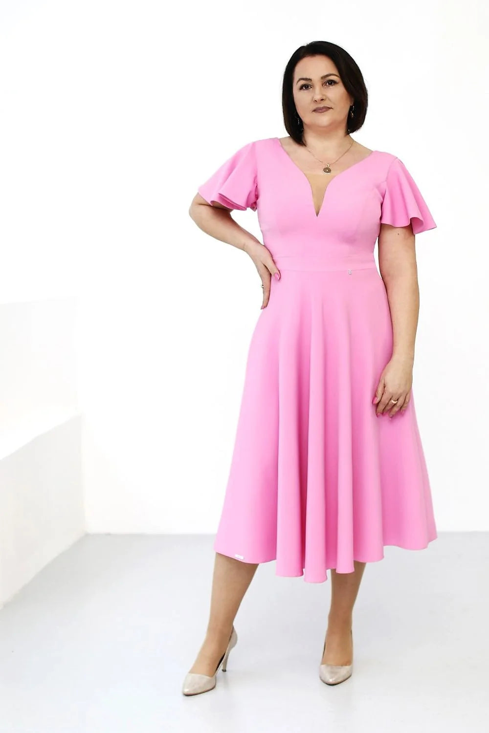 Robe de cocktail élégante en V manches courtes gonflées coupe A ligne couleur rose vive femme tissu doux