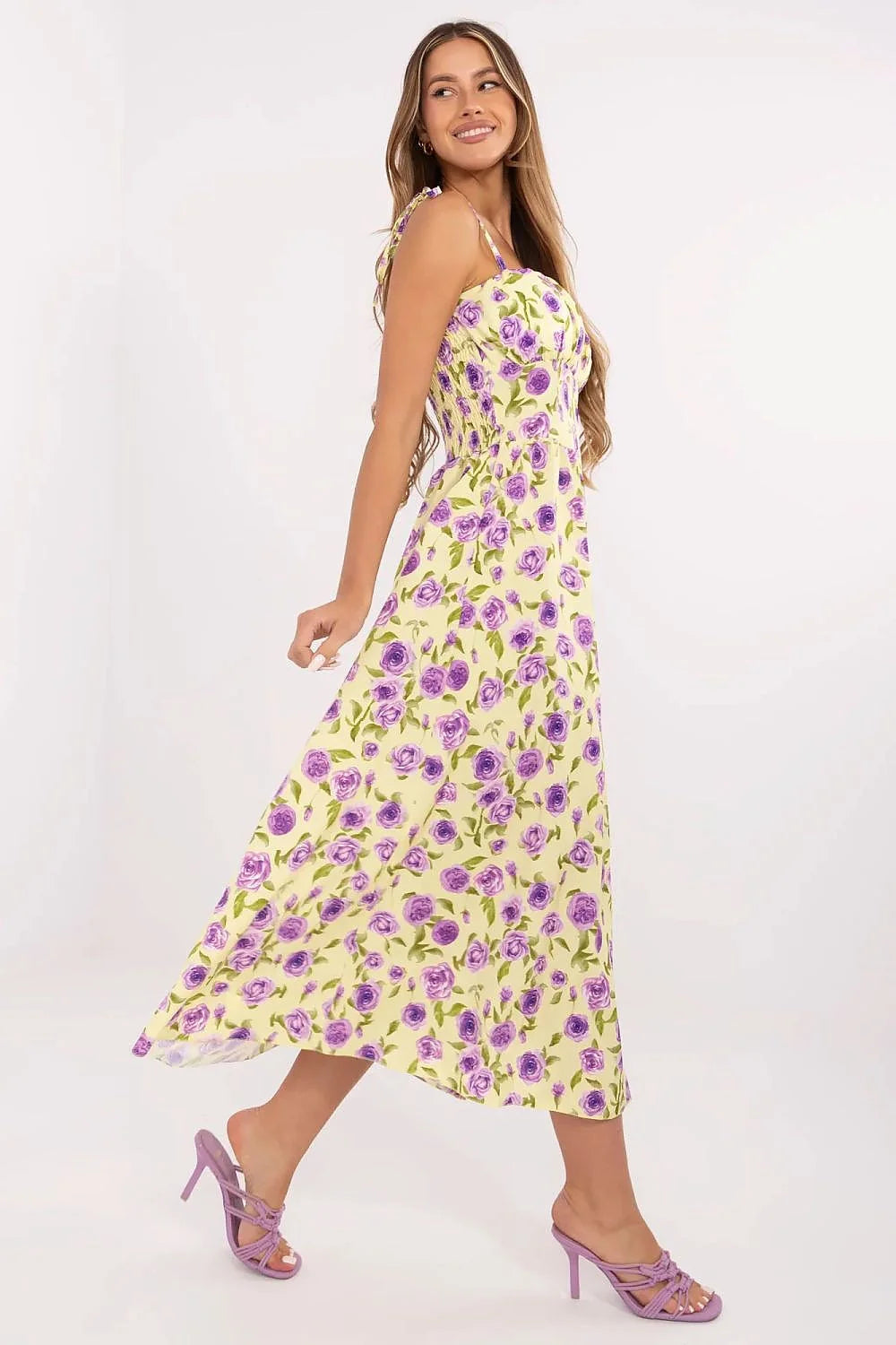 Robe de jour féminine Italy Moda motif floral violet jaune pâle tissu léger coupe midi évasée bretelles ajustables fente avant taille corset sans soutien-gorge femme