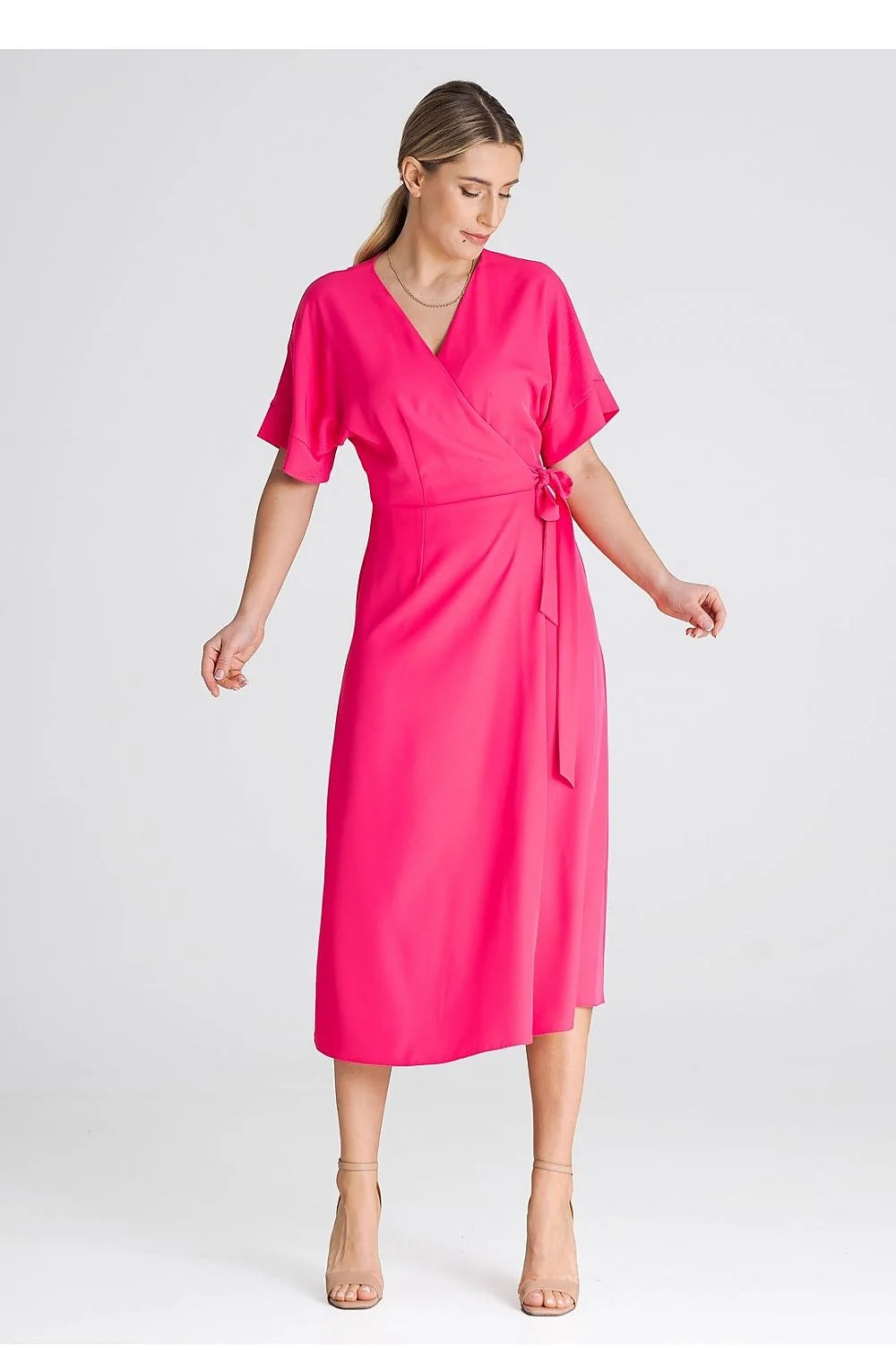 Robe de jour portefeuille couleur rose vif manches courtes ceinture latérale polyester femmes