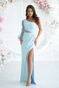 Robe de soirée élégante longue manches longues dentelle bleu ciel taille ajustable fente haute femmes