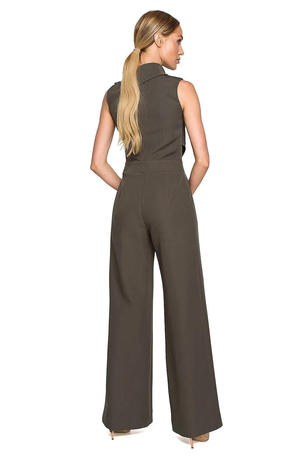 Combinaison Moe sans manches col montant asymétrique jambes larges polyester elasthanne rose pâle occasion formelle