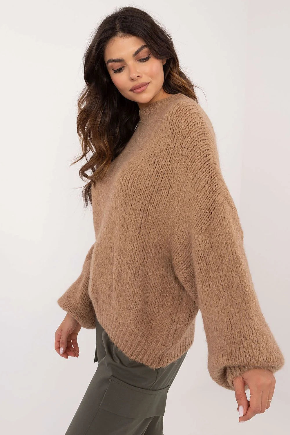 Pull femme décontracté style minimaliste couleur camel maille épaisse manches longues encolure ronde matières douces