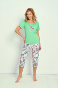 pyjama femme léger confortable deux pièces tshirt manches courtes col rond imprimé floral pantacourt taille élastique coton ample slim silhouette