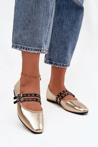 ballerines plates femme dorées simili cuir bout pointu semelle noire double brides réglables boucles métal Mary Jane chic