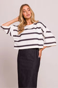 Chemisier Moe Femme en Tricot Rayures Horizontales Manches 3/4 Coupe Boxy Confort Élégance Mode Casual