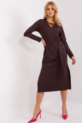 robe midi femme manches longues encolure V lanières croisées ceinture assortie jersey extensible marron chocolat coupe droite fente latérale