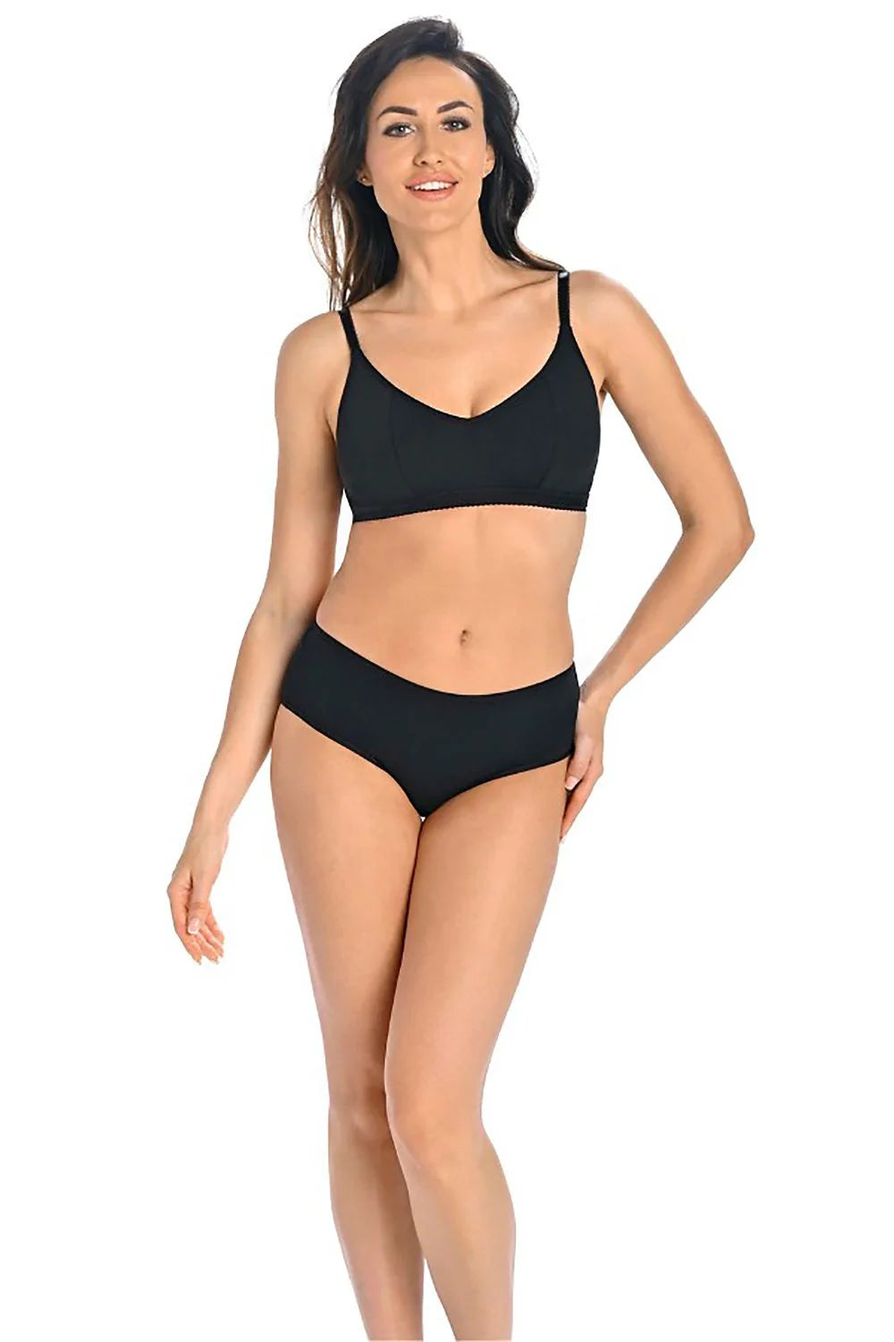 brassière noir microfibre douce coton lycra respirante bonnets emboîtants coutures verticales bretelles fines réglables bande élastique souspoitrine finition festonnée coupe