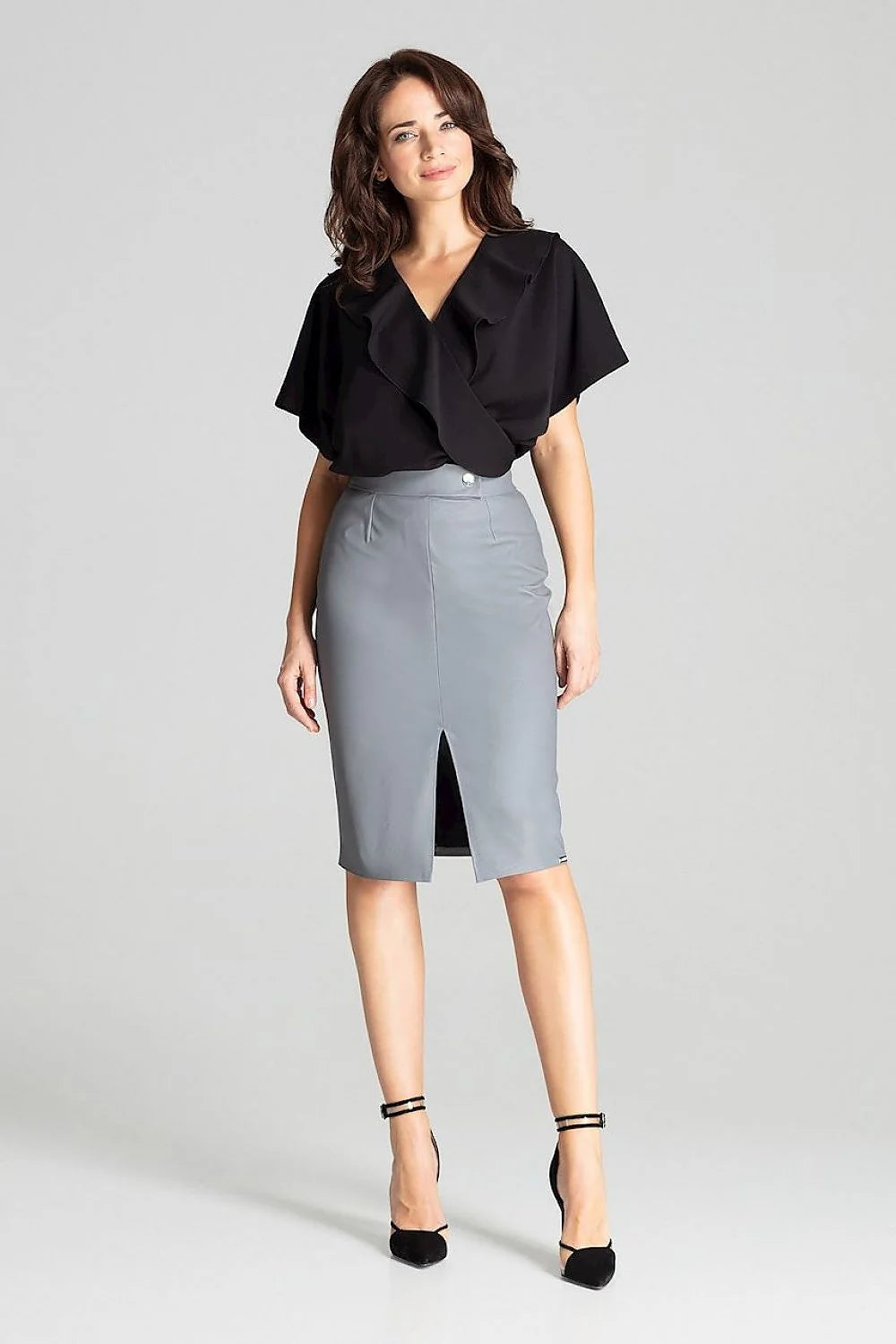 Jupe crayon écologique grise femme taille haute élégante polyester élasthanne fente centrale mode responsable