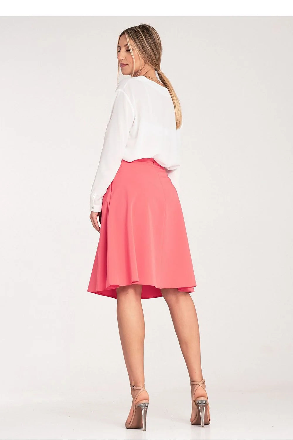 Jupe élégante longueur genou corail polyester viscose ceinture décorative poches latérales polyvalente femmes occasionnels