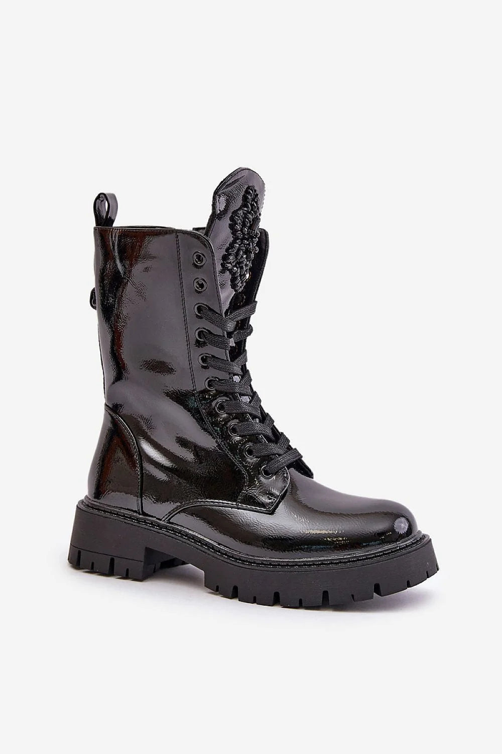 Bottines en cuir vernis pour femme style combat, fermeture éclair et lacets, noir, semelle caoutchouc, look audacieux et intemporel