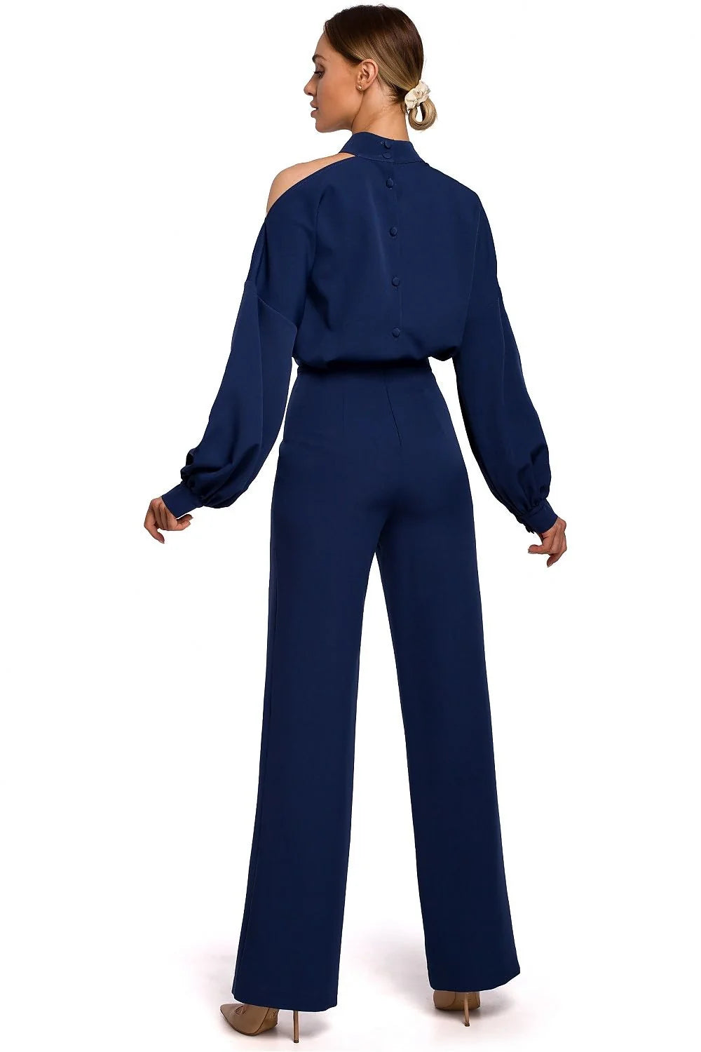 Combinaison pantalon rouge vif polyester femme moderne élégante manches longues épaules dénudées chic